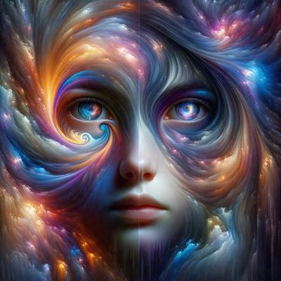 The primary subject of the image is a woman's face, which is the main focus of the image. The setting is a colorful, swirling background that adds a vibrant and dynamic atmosphere to the scene. The visual style is a combination of digital art and illustration, creating a unique and artistic representation of the woman's face. The colors and mood of the image are predominantly bright and lively, with a sense of movement and energy.